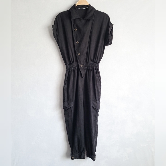 Zara Linen Utility Cargo Black Collared Military Jumpsuit Size Small - Picture 2 of 7